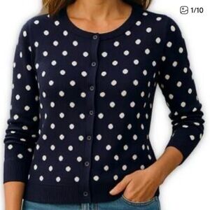 Talbots Polka Dot Crewneck Button-Front Sweater - Navy/White